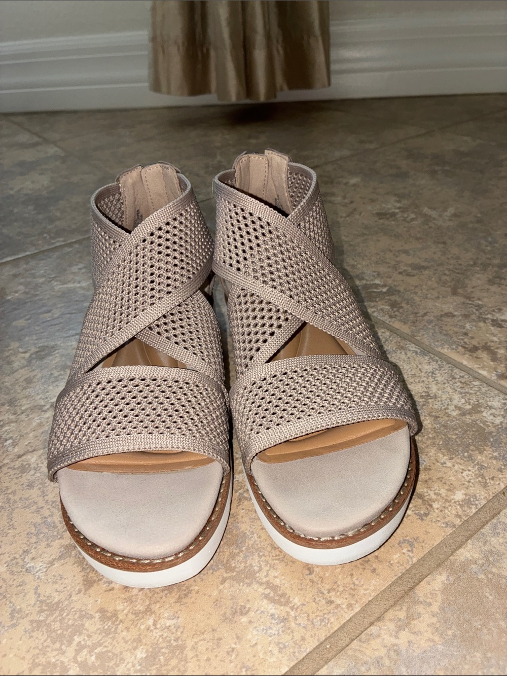 Easy Spirit Taupe Knit Crisscross Wedge Sandals